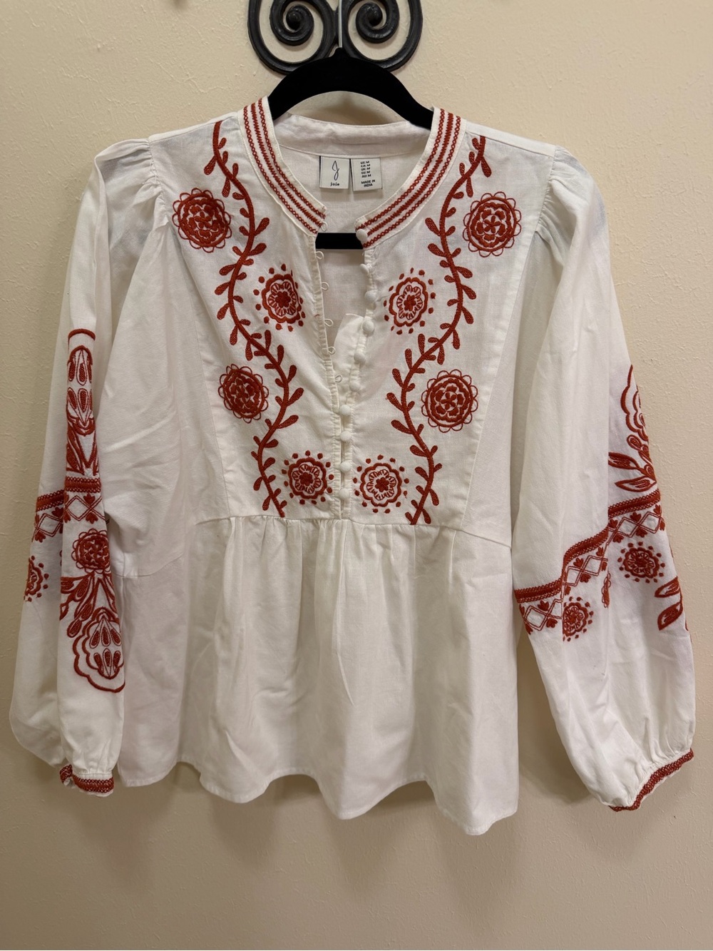 Joie White Peasant Blouse with Rust Embroidery